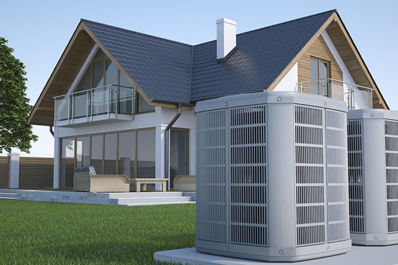 How Your AC Cools Your Home. Air & heat pump shown in front of a house.